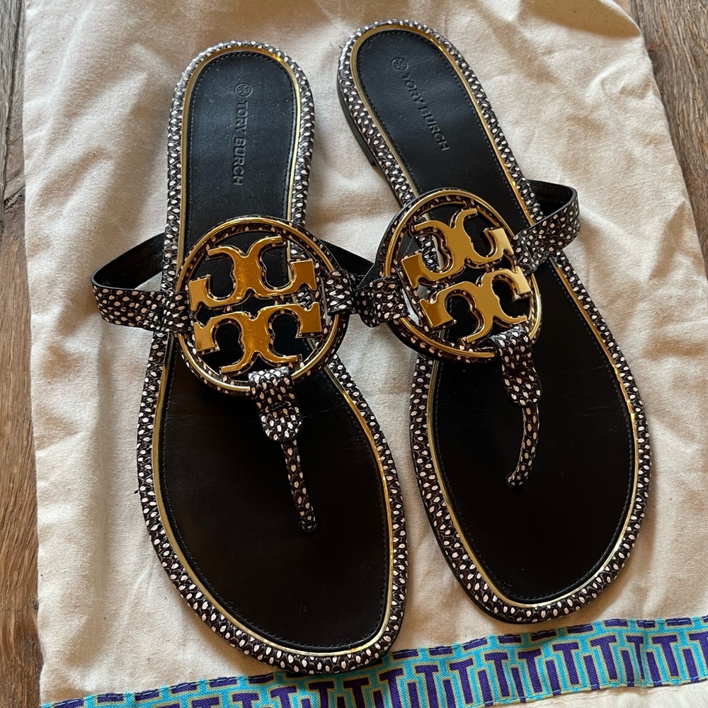 Tory Burch Miller Sandal Snake Skin, Black and Gold Size 11 Excellent Condition